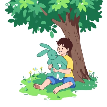 The Velveteen Rabbit and a young boy sharing a quiet moment under a tree in the park