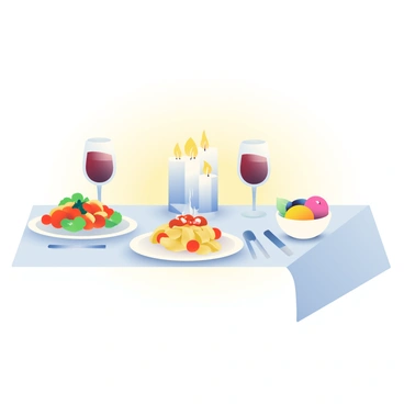 A beautifully set dinner table is placed against a softly lit backdrop, with a warm glow emanating from several flickering candles. The table is adorned with a pristine white tablecloth and delicate, fine china plates, each holding a carefully arranged dish. To the left, a vibrant salad is garnished with fresh herbs, while in the center, a steaming dish of elegant pasta is topped with a rich sauce. On the right, a small bowl of assorted fresh fruits adds a splash of color. Silver cutlery is neatly positioned beside each plate. Glimmering wine glasses filled with deep red wine reflect the candlelight, enhancing the romantic atmosphere. Soft, muted colors surround the scene, contributing to a cozy and intimate dining environment.