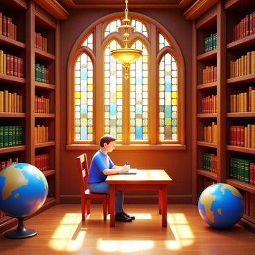 A person sitting at a wooden table in the corner of a grand old library. The individual is focused on drawing in a sketchbook, with a pencil in hand. Surrounding them are tall bookshelves filled with ancient books, some with leather bindings and gold lettering. Sunlight filters through large stained glass windows, casting colorful patterns on the wooden floor. An ornate chandelier hangs from the ceiling, illuminating the space with a warm glow. A large globe sits nearby, adding to the scholarly atmosphere.