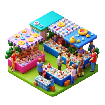 A vibrant outdoor artisan market filled with various vendors and visitors. Stalls are adorned with colorful handmade crafts, showcasing items such as pottery, jewelry, and textiles. Vendors are enthusiastically demonstrating their creations to interested visitors. Some visitors are browsing through the goods, while others are engaged in conversation with the artisans. The scene is lively and bustling, with a clear blue sky overhead and greenery surrounding the market area.