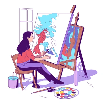 An artist is seated at a wooden easel, focused on creating a large canvas featuring a "fantastical creature." The creature has elongated limbs and a majestic mane adorned with "vibrant colors," including shades of blue and red. Surrounding the artist are various art supplies, including brushes and a palette filled with rich hues. The scene is illuminated by natural light coming from a nearby window, casting soft shadows across the workspace. The artist's expression reflects concentration as they apply intricate details to the creature's features.