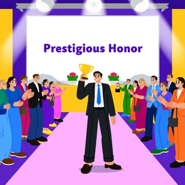 An award ceremony scene featuring a prominent stage with bright spotlights. In the center, a representative from Bajaj Allianz stands proudly, holding a shiny trophy. The person is dressed in formal attire, wearing a dark suit and a crisp white shirt. In the background, a large banner displays the words "Prestigious Honor" in bold letters. The audience, dressed in elegant clothing, is clapping enthusiastically. Some guests are holding cameras, capturing the moment. Colorful decorations and floral arrangements adorn the stage, adding to the celebratory atmosphere.