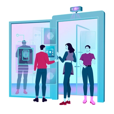A futuristic biometric security system designed for efficient employee access. The system features a sleek, digital touchscreen interface with glowing icons for fingerprint and facial recognition. Employees are seen approaching the entrance, where a high-tech scanner is integrated into the wall, illuminated by soft blue LED lights. One employee is placing a finger on the scanner while another is being identified through a facial recognition camera above. The environment includes modern architectural elements, such as glass doors and minimalistic furniture, emphasizing a cutting-edge workplace. The area is filled with soft ambient lighting, enhancing the technology's advanced appearance.