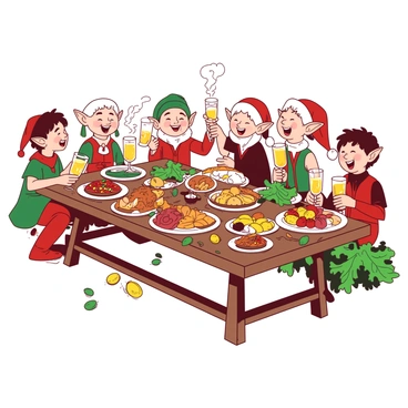 A group of cheerful elves is gathered around a long wooden table filled with an abundance of delicious food. The table is covered with vibrant platters of roasted vegetables, steaming pies, and a variety of colorful fruits. Goblets filled with a golden drink are placed in front of each elf, who is wearing festive attire with intricate designs. The elves are laughing and raising their glasses in a toast, with some playfully reaching for the food. The scene is lively, with greenery and decorative elements surrounding the table, enhancing the festive atmosphere of the joyful feast.