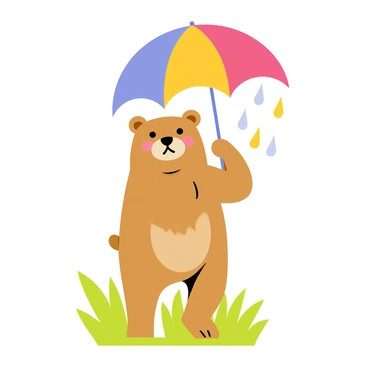 A bear standing upright, holding a large colorful umbrella above its head. The bear has a fuzzy brown coat with a friendly expression on its face. Light droplets of rain are falling around it, creating small splashes on the ground. The background features soft green grass and a few whimsical trees with rounded tops, partially obscured by the rain. The overall scene conveys a lighthearted and cheerful atmosphere.