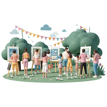 A sunny park filled with lush green grass and flowering plants, where people are gathered to admire various artworks displayed on easels and stands. The artworks showcase a range of colors and styles, with some featuring abstract designs, while others display realistic landscapes or portraits. Groups of people, including families and friends, are engaged in conversation about the pieces, pointing and discussing their favorites. Some individuals take photos of the artworks, while others make notes in sketchbooks. Bright sunlight casts playful shadows, and colorful banners flutter in the gentle breeze, enhancing the festive atmosphere.