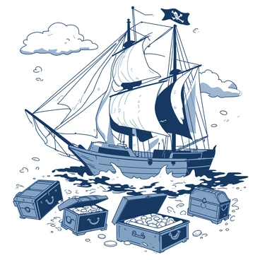 A large pirate ship with tattered sails is sailing through choppy seas. The ship is surrounded by various treasure chests that are partially submerged in the water, some open with gold coins spilling out. Waves are crashing against the hull of the ship and splashing upwards. The sky is a mix of dark clouds and patches of sunlight illuminating the scene.