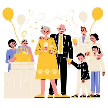 An elderly couple stands together, smiling widely as they celebrate their golden wedding anniversary. They are surrounded by their family, which includes children and grandchildren, all of whom are beaming with happiness. The couple is dressed elegantly, with the woman in a golden dress adorned with floral patterns and the man in a classic suit with a golden tie. A large cake with golden decorations sits on a table nearby, while balloons and streamers in gold and white fill the background, enhancing the festive atmosphere. The family members are holding glasses for a toast, and there is a sense of love and joy radiating from the scene.