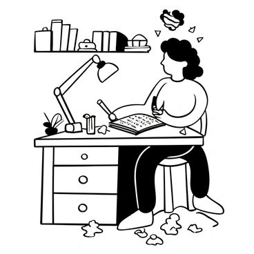 A girl with curly hair is sitting at a small wooden desk, intently writing in a journal with a pen. The journal is open, revealing handwritten pages filled with text. To her side, a cozy lamp casts a warm glow, illuminating the workspace. Scattered around the desk are crumpled pieces of paper and a few colorful pencils. A plush toy is perched on the edge of the desk, adding to the inviting atmosphere of the scene. The background features a shelf filled with books and small trinkets.