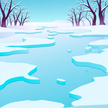 A frozen lake with a smooth, reflective surface, showing various cracks spreading across the ice like a web. The surrounding landscape features snow-covered trees with branches dusted in frost. The sky above is transitioning from a clear blue to a warmer hue, indicating rising temperatures. A few small pieces of ice are beginning to shift, while water starts to reveal itself in the larger cracks. The overall scene captures the tension between winter's grip and the emerging signs of spring.