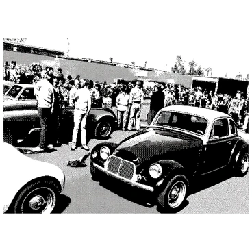 A 1970s vintage car show is taking place in an open area filled with various classic cars. Each vehicle is polished and showcased prominently. Groups of car enthusiasts are gathered around the cars, wearing outfits typical of the 1970s. Men are dressed in bell-bottom jeans and patterned shirts, while women wear colorful, flowing dresses and platform shoes. Some enthusiasts are leaning against cars, while others are engaged in conversations, pointing out features of the vehicles. The atmosphere is lively, with a bright sun casting shadows and creating highlights on the shiny car surfaces.
