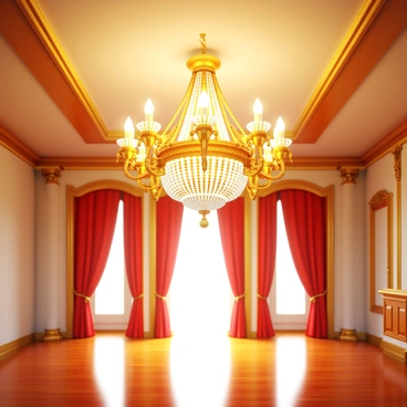 An ornate golden chandelier with intricate designs and sparkling crystals hanging elegantly from the ceiling in a grand ballroom. The chandelier features multiple tiers of lights, casting a warm glow throughout the space. The ballroom has opulent decor, including elegant drapes and polished wooden floors that reflect the chandelier's light.