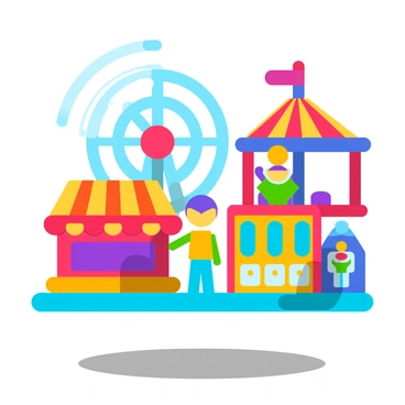 A vibrant carnival scene featuring various rides including a Ferris wheel and merry-go-round, alongside game stalls with prizes, while families interact and enjoy the festive atmosphere.