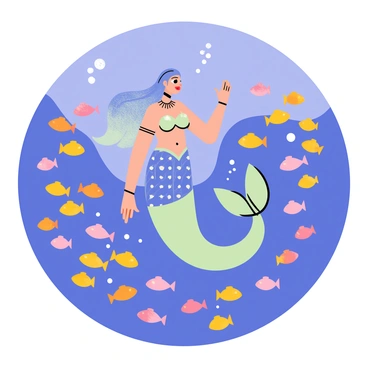 A mermaid with sparkling blue scales and long flowing hair swims gracefully underwater. She is surrounded by a vibrant school of small, colorful fish, all moving in perfect unison. The fish have bright orange, yellow, and pink hues, creating a lively contrast against the deep blue ocean background. Bubbles rise around them, adding to the playful atmosphere of the synchronized swimming performance. The mermaid gestures elegantly with her arms, guiding the fish as they perform intricate patterns together.