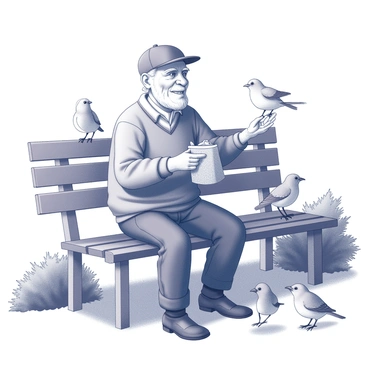 An old man with a weathered face sitting on a wooden bench in a park. He is wearing a flat cap and a cozy sweater, with a smile on his face. In his hands, he is holding a small bag of birdseed, and birds of various species are gathered around him. Some birds are perched on his outstretched hands, while others are pecking at the ground near his feet. Lush trees and shrubs can be seen in the background, adding to the peaceful atmosphere of the park.