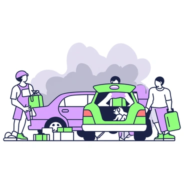 A group of residents is seen packing their cars quickly as a cloud of smoke looms in the background. One person is placing bags into the trunk of a blue sedan, while another is struggling to fit a large suitcase into the back of an SUV. Nearby, a third resident is securing a small dog in the passenger seat of a hatchback. The sky above is filled with dense, dark smoke, creating an urgent atmosphere as they rush to evacuate. Various items like boxes, backpacks, and outdoor gear can be seen scattered around the parking area, reflecting the hurried nature of the situation.