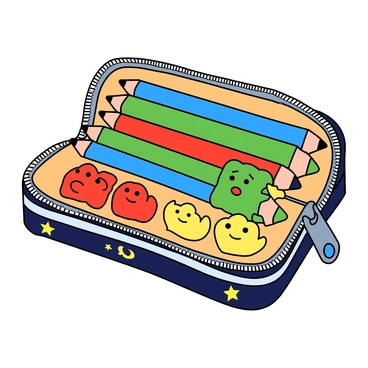 A colorful pencil case, zippered and slightly open, revealing its contents. Inside are eight pencils arranged neatly, each with a different bright color, including red, blue, green, and yellow. Alongside the pencils, there are six matching erasers shaped like various cartoon characters, each with a unique expression. The pencils and erasers are organized in a way that visually represents the fraction "8/6". The pencil case has a fun design featuring stars and stripes, adding to the playful atmosphere of the scene.