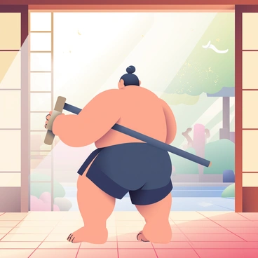 A sumo wrestler with a large and muscular build is practicing in a dusty dojo. He has dark hair tied in a traditional topknot and wears a simple, dark mawashi. The wrestler is gripping a long, heavy wooden pole with both hands, positioning himself in a strong stance. Dust particles are visible in the air, illuminated by sunlight streaming through a window, creating a warm atmosphere. The floor of the dojo is made of wooden planks, and there are traditional Japanese paper sliding doors in the background, partially open, revealing a glimpse of a serene outdoor garden.