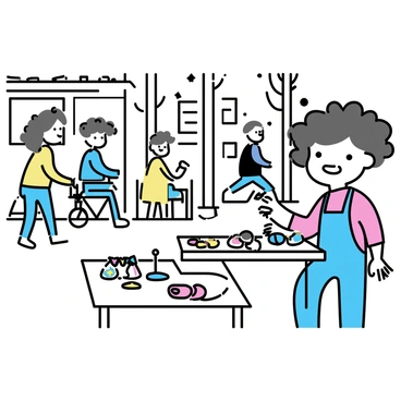 A child with curly hair stands on a bustling street corner. The child is wearing a bright red shirt and denim overalls, smiling as they display a variety of handmade crafts on a small wooden table. The crafts include colorful bracelets, painted rocks, and paper ornaments. People are walking by, some stopping to look at the crafts. In the background, there are tall buildings and trees, creating an urban atmosphere. The scene is lively, with some pedestrians chatting and a cyclist passing by.