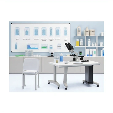 A detailed 3D render of a laboratory setting focused on the ingredients used in Botox. The scene includes several labeled diagrams displaying various components such as "botulinum toxin," "saline," "human albumin," and "lactate." Each ingredient is represented in its own clear container or vial, with neat labels indicating their names. The background features shelves filled with medical supplies, and there is a microscope on the lab table, emphasizing the scientific environment. The lighting is bright and clinical, enhancing the focus on the detailed diagrams.