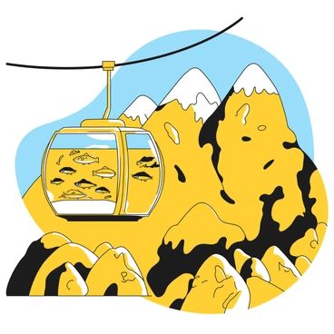 A mountain cable car with an innovative design, featuring a large transparent compartment specifically constructed for transporting fish. The cable car is suspended between two towering mountains, with rugged terrain below and a clear blue sky above. The compartment is filled with water, showcasing various species of fish swimming inside. The cable car's structure is sleek and modern, made from durable materials, with robust cables extending to the mountaintops. The landscape includes rocky outcrops and patches of greenery, emphasizing the height and ruggedness of the mountains.