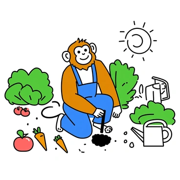 A monkey with a brown coat and a curious expression is kneeling in a garden, holding a small spade. He is wearing blue overalls and has a wide smile as he digs a small hole in the soil. Surrounding him are various vegetables, including tomatoes, carrots, and lettuce, with their green leaves sprouting. The garden is filled with lush greenery, including large bushy plants and flowers scattered around. A watering can rests nearby, and the sun is shining down on the scene, casting light on the vibrant garden.