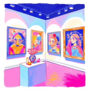 An art exhibit space is filled with vibrant illustrations that showcase a fusion of various cultural art styles. Each piece is framed and displayed on white walls, highlighting intricate details and rich colors. One illustration features a blend of traditional Asian ink painting techniques with geometric patterns inspired by African textiles. Another piece combines North American indigenous motifs with European baroque elements, creating a striking contrast. The variety of styles invites viewers to explore the connections between cultures. Soft lighting illuminates each artwork, enhancing their vivid colors and textures.
