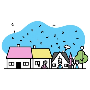 A small, picturesque town with charming houses featuring colorful roofs, set against a clear blue sky. Confetti in various shapes and colors is falling from above, creating a playful atmosphere. People can be seen on the street, smiling and celebrating, with a backdrop of trees and street lamps adding detail to the scene.