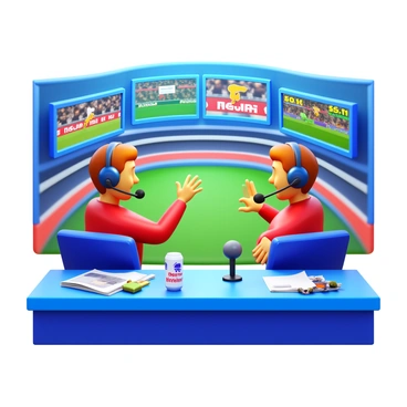 Two sports commentators wearing headphones are animatedly discussing a game. Each commentator has a microphone in front of them and is gesturing expressively. They are seated at a desk filled with various sports-related materials. In the background, multiple screens display different angles of the game, with live statistics and player graphics visible. The commentators are surrounded by a vibrant atmosphere, reflecting the excitement of the ongoing match.