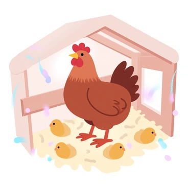 A mother hen gently watching over her chicks in a cozy coop