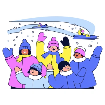 A group of fans bundled up in colorful winter clothes stands together, cheering enthusiastically. Each fan wears a knitted hat, thick scarves, and warm jackets in varying shades. The fans have their arms raised, displaying excitement and support. In the background, a snowy luge track is visible, with athletes racing down the course. Snowflakes fall gently from the sky, adding to the winter atmosphere.
