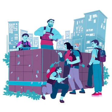 A group of survivors is actively fortifying a barricade made of wooden planks and metal scraps. They are in a dilapidated urban environment, with crumbling buildings and overgrown vegetation in the background. The survivors consist of a diverse group, including a tall man with a rugged beard, a woman with short hair wearing tactical gear, and a teenager with a backpack. They are using tools such as hammers and nails to secure the barricade. Some are looking out for threats, while others work together to lift heavy materials. Signs of the zombie apocalypse surround them, including graffiti on the walls and abandoned vehicles. The atmosphere feels tense as they prepare for the impending danger.