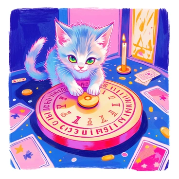 A curious kitten with fluffy gray fur is playfully batting at the planchette of a Ouija board. The board features distinct letters and symbols etched in a vintage design. The kitten's bright green eyes are wide with curiosity as it paws at the planchette, which is made of polished wood. The background includes a softly lit room with scattered tarot cards and a lit candle casting gentle shadows. The atmosphere is filled with a sense of playful intrigue.