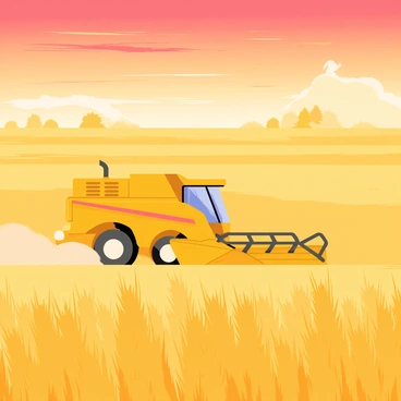 A vast expanse of golden wheat fields stretches across the image, with the warm glow of the late afternoon sun casting a soft light over the landscape. In the foreground, a large yellow combine harvester is at work, its mechanical arms moving steadily to gather the ripe wheat. Dust trails behind the combine as it cuts through the tall stalks, sending a few grains flying into the air. The sky above is a rich blend of orange and pink hues, indicating the approach of sunset, while distant trees form a silhouette along the horizon.