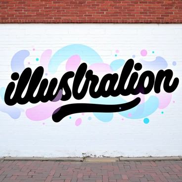 A large street mural covers a brick wall, featuring the word “illustration” painted in bold, graffiti-style letters. The letters are filled with vibrant gradient pastel colors, blending seamlessly into one another. Surrounding the word are various shapes and abstract patterns that enhance the energetic feel of the mural. The background consists of soft, swirling pastel colors that create a dynamic contrast with the bold lettering. The entire composition is vibrant and eye-catching, drawing attention to the mural as a central focal point.