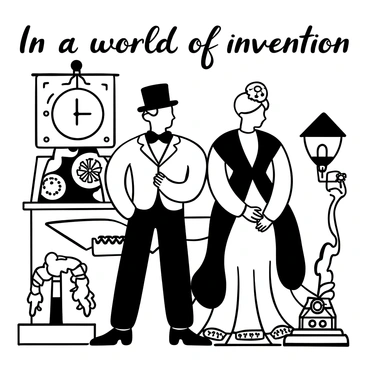 A steampunk comic scene with Victorian characters and gadgets