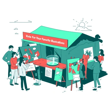 A teal booth is set up outdoors, adorned with vibrant red banners that display the words "Vote for Your Favorite Illustrations" in bold letters. Inside the booth, a wooden table holds a clear glass ballot box, filled with colorful ballots. Several illustrations are displayed on easels around the booth, showcasing various artistic styles. People of different ages are gathered around the booth, some discussing their favorite pieces while others are filling out their ballots. The atmosphere is lively, with a bright sun overhead illuminating the scene.