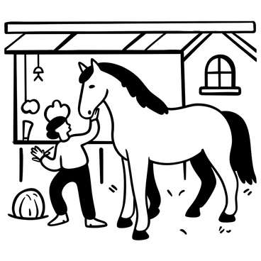 A servant in a simple outfit is brushing a majestic horse inside a rustic stable. The horse stands tall and proud, displaying its powerful physique. The stable is filled with scattered hay, creating a natural setting. Wooden beams line the ceiling, and a few tools are visible hanging on the walls. Sunlight filters through a small window, casting gentle shadows across the scene.