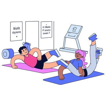 Two people are positioned on exercise mats in a gym environment. One person is an athletic individual with short hair, wearing a red tank top and black shorts, while the other is a fit individual with long hair, dressed in a blue t-shirt and gray leggings. Both individuals are in a push-up position, with their arms bent and bodies parallel to the floor. A motivational poster can be seen in the background on the wall, and gym equipment like weights and a treadmill are scattered around the area. The atmosphere conveys a sense of friendly competition and camaraderie.