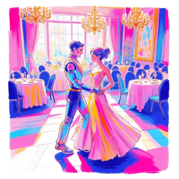 An AI robot with a sleek metallic body and bright blue LED lights is dancing gracefully with a human partner. The human is dressed in an elegant evening gown, shimmering under the ballroom lights. They are surrounded by an opulent ballroom with grand chandeliers hanging from the ceiling. The floor is polished and reflects the movements of the dancers. The atmosphere is filled with swirling colors from the dancing couple and the decorations around them. Elegant tables with white tablecloths and centerpieces are set along the edges of the ballroom.
