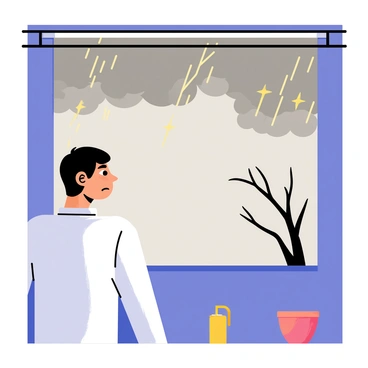 A person standing by a window, gazing outside at a stormy sky filled with dark gray clouds. The person has a frown on their face, indicating their dissatisfaction with the weather. Raindrops can be seen streaking down the windowpane, reflecting the gloomy atmosphere. In the distance, flashes of lightning illuminate the sky, while the silhouette of a lonely tree sways in the wind. A soft glow can be seen on the person's side of the window, suggesting they are hoping for sunshine to break through the dreary scene.