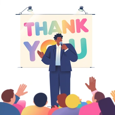 A person with medium brown skin and curly hair is standing on a stage, holding a microphone in their right hand. They are wearing a formal navy blue suit and a white shirt. The background features a large banner with the words "Thank You" in bold, colorful letters. In front of the stage, a crowd of diverse people is clapping and cheering, some waving their hands in appreciation. Soft stage lights illuminate the scene, highlighting the person's expression of gratitude.