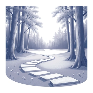 A winding path made of natural stones leads into a forest glade. The path is flanked by tall trees with dense canopies, providing patches of sunlight that filter through the leaves. The ground is covered in soft, green grass and small wildflowers, enhancing the inviting nature of the scene. The forest ahead appears open and bright, beckoning visitors to explore further into the peaceful surroundings.