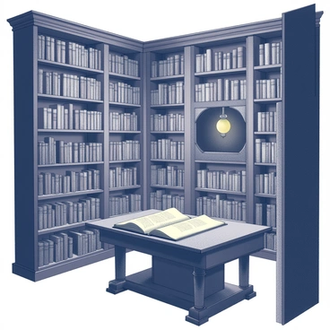 A room filled with towering bookshelves made of dark wood, lined with old, leather-bound volumes. The shelves are arranged in a labyrinthine fashion, creating narrow pathways between them. In one corner, a large wooden table is cluttered with ancient manuscripts, their pages worn and yellowed with age. A hidden door is partially revealed behind one of the bookshelves, suggesting the presence of secret passageways. Dim, flickering candlelight casts shadows across the room, enhancing the mysterious atmosphere. The air is thick with the scent of aged paper and polished wood.