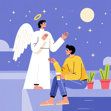 An angel with flowing white wings stands next to a friendly neighbor on a rooftop. The angel has a glowing halo above its head, and both characters are looking up at a clear night sky filled with bright stars. The neighbor has short hair and wears a cozy sweater, holding a cup of warm beverage. They sit on the edge of the rooftop, surrounded by small potted plants. A soft moonlight illuminates their faces as they share stories, creating a warm and inviting atmosphere.