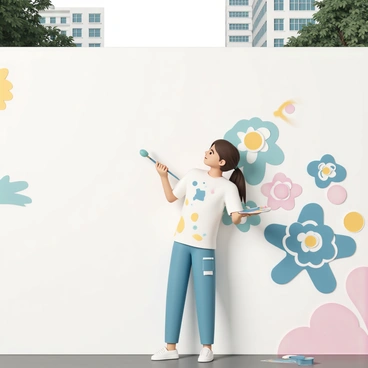 An artist, who is an INFJ, is standing in front of a large blank wall in an urban setting. The artist has long brown hair tied back, wearing a paint-splattered white t-shirt and blue jeans. They are holding a paintbrush with a palette in the other hand, deeply focused on the mural they are creating. The mural is vibrant, featuring swirling patterns of blues, pinks, yellows, and greens. The wall has begun to transform with painted flowers and abstract shapes. Hints of the cityscape can be seen in the background, with buildings and trees framing the scene. The artist's expression shows passion and concentration as they apply the paint.