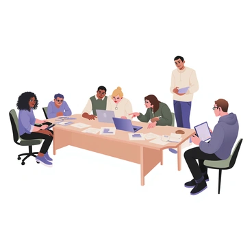 A digital flat illustration depicting a spacious shared workspace filled with people from various teams. On the left side, a woman with dark skin and curly hair is sitting at a desk, focused on typing on her laptop. She is wearing a blue blouse and black jeans. Next to her, a man with light skin and short brown hair is standing, discussing something with a colleague while holding a tablet in his left hand. He is dressed in a white shirt and navy blue pants. 

In the center area, a group of three individuals is gathered around a large table. One person has medium skin and is wearing glasses, reviewing documents spread out in front of them. The second person, with dark hair and light skin, is pointing at a laptop screen. The third person has a buzz cut and is casually dressed in a grey hoodie, taking notes. 

On the right side of the image, another individual is sitting alone at a small table, sketching ideas on a notepad.