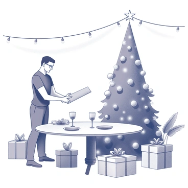 An event planner is arranging a festive holiday party scene. The planner is standing next to a large Christmas tree adorned with ornaments and a star on top. The tree is situated in a corner, surrounded by wrapped gifts. Twinkling lights are strung across the ceiling, creating an inviting atmosphere. Tables are set with elegant tableware, and festive decorations are placed throughout the space, enhancing the celebratory mood.