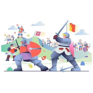 A chaotic medieval battlefield is filled with soldiers clashing swords. In the foreground, a knight in shining armor is engaged in combat with an opponent, both wielding their swords with intensity. To the left, a soldier wearing a red tunic is raising a shield to block an incoming strike, while a distant archer stands on a hill, aiming an arrow towards the fray. The ground is scattered with debris and fallen weapons, and you can see banners proudly displaying various colors and crests waving in the wind. In the background, additional soldiers are fighting in groups, creating a sense of ongoing conflict and movement across the battlefield.