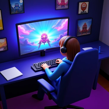 A gamer sitting in a modern gaming chair, intensely focused on a large computer monitor displaying a vibrant video game interface. The gamer has shoulder-length hair, wearing a comfortable hoodie and gaming headset. Their fingers are poised over a mechanical keyboard, ready to type a review. The room is dimly lit, with LED lights illuminating the gaming setup, and several gaming posters on the walls. An open notebook and a pen are placed nearby, indicating preparation for the review.